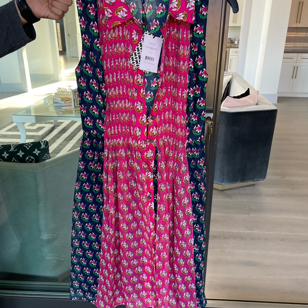 DiVF Navy Blue and Hot Pink Floral Silk Dress 0